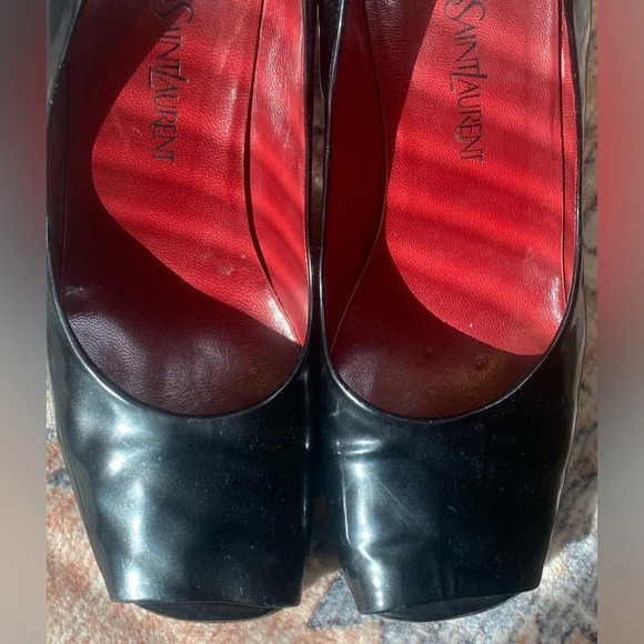 Vintage YVES SAINT LAURENT YSL Peep Toe Black Patent Leather High Heels Size 9.5 - Picture 12 of 16